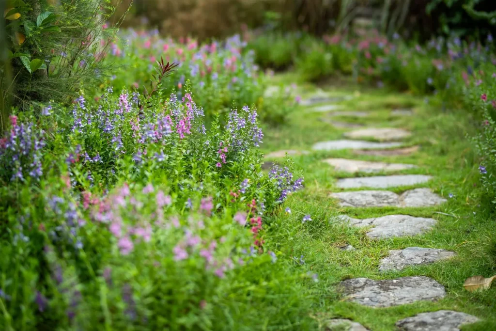 Natuurstenen staptegels in gras, gelijk met het grasniveau gelegd